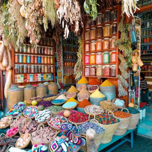 Marrakech - Morocco - Medina - Moroccan Slippers Shop - Local Spices - colors - Traditional handicraft